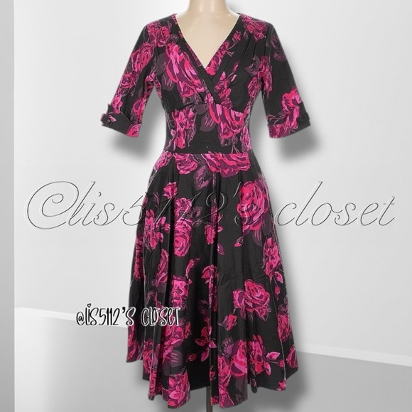 Unique Vintage Black & Pink Rose Floral Delores 1950’s Swing Dress Sz Large // L - Picture 3 of 15